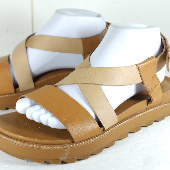 Sorel Women's Grooming US8,5 Tan Leather Criss Cross Platform Slingback Sandals - Picture 15 of 16